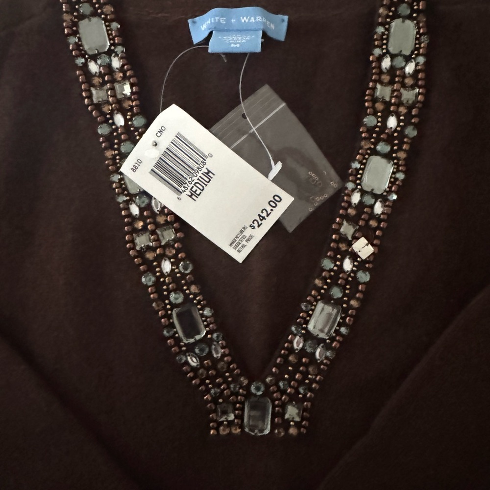 White + Warren Brown V-Neck Sweater with Embellished Trim